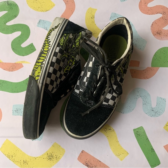 Vans Ward Dino Checkerboard T Rex Old Skool Low Skate Shoes Sneakers Size 4Y - Picture 1 of 8